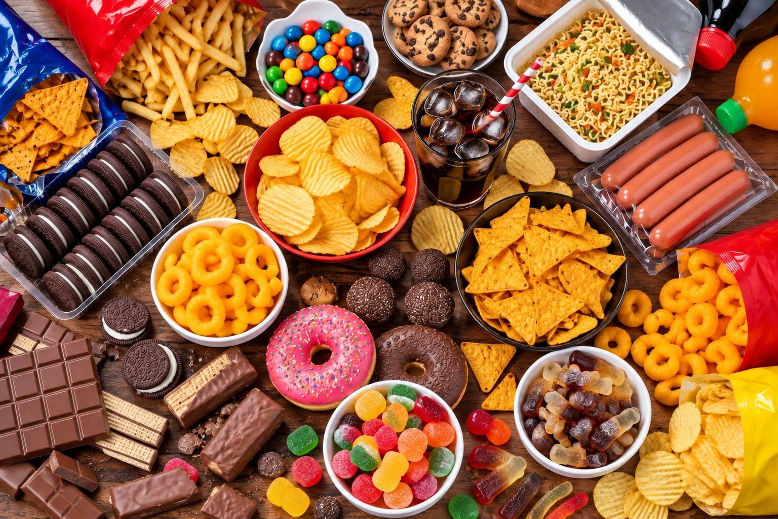 Salgadinhos, doces, biscoitos e embutidos industrializados