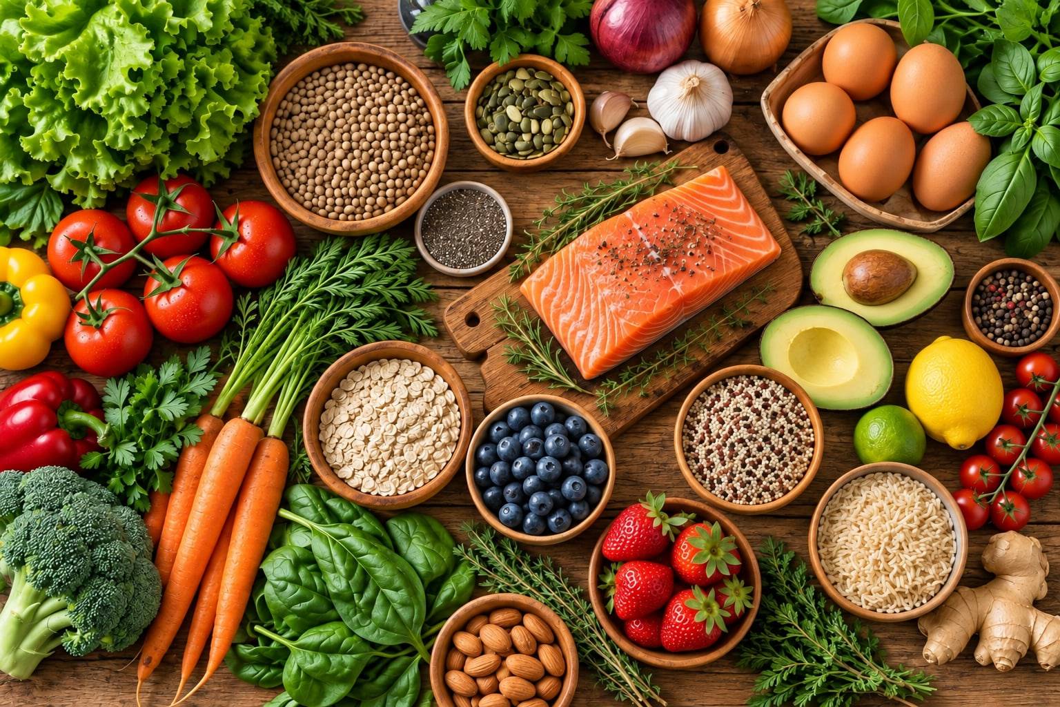Prato com vegetais coloridos, grãos integrais e peixe grelhado