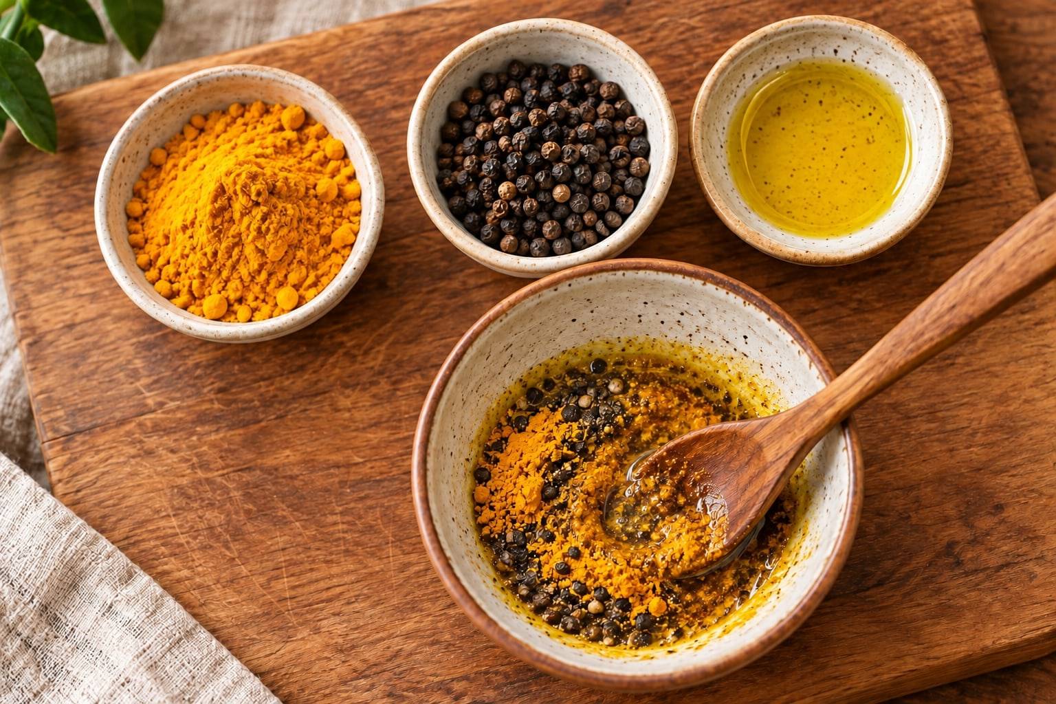 Tigelas com cúrcuma em pó, pimenta-do-reino e azeite sobre tábua de madeira